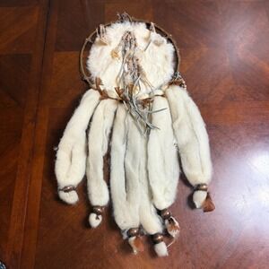 Vintage Handmade Dream Catcher Native American Style Fur Leather Beads Boho